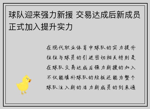 球队迎来强力新援 交易达成后新成员正式加入提升实力
