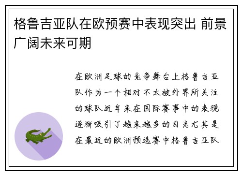 格鲁吉亚队在欧预赛中表现突出 前景广阔未来可期