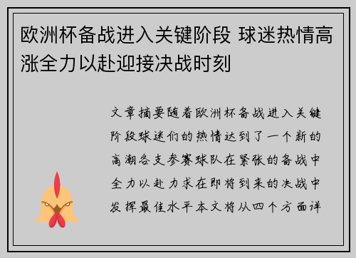 欧洲杯备战进入关键阶段 球迷热情高涨全力以赴迎接决战时刻