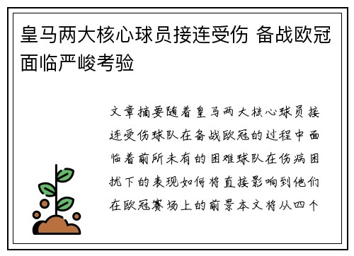 皇马两大核心球员接连受伤 备战欧冠面临严峻考验