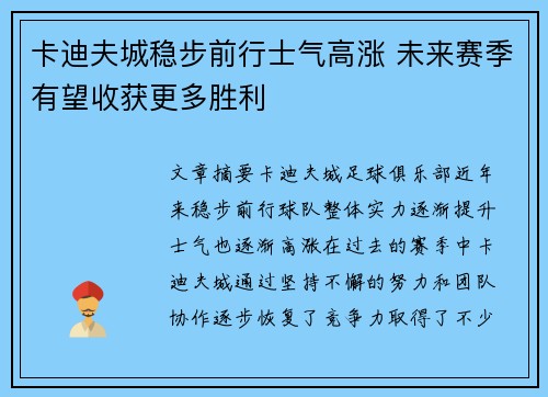卡迪夫城稳步前行士气高涨 未来赛季有望收获更多胜利