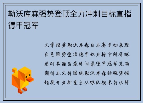 勒沃库森强势登顶全力冲刺目标直指德甲冠军