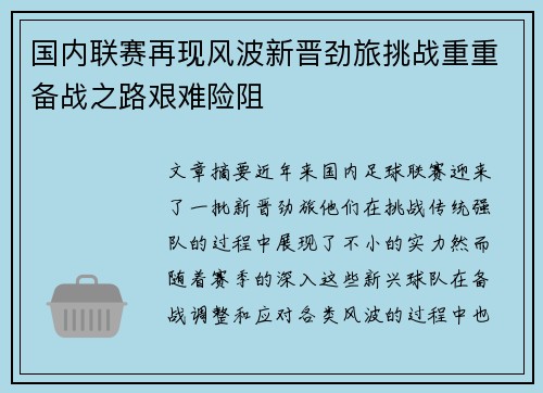 国内联赛再现风波新晋劲旅挑战重重备战之路艰难险阻