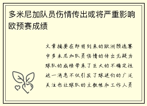 多米尼加队员伤情传出或将严重影响欧预赛成绩