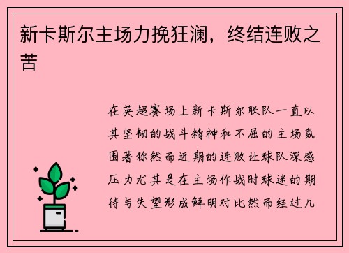 新卡斯尔主场力挽狂澜，终结连败之苦