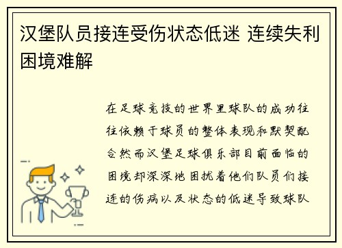 汉堡队员接连受伤状态低迷 连续失利困境难解