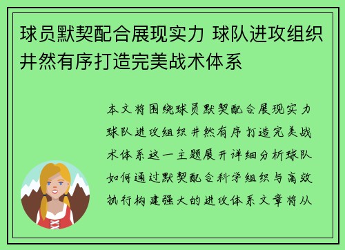 球员默契配合展现实力 球队进攻组织井然有序打造完美战术体系