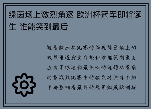 绿茵场上激烈角逐 欧洲杯冠军即将诞生 谁能笑到最后