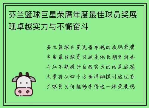 芬兰篮球巨星荣膺年度最佳球员奖展现卓越实力与不懈奋斗