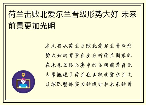 荷兰击败北爱尔兰晋级形势大好 未来前景更加光明