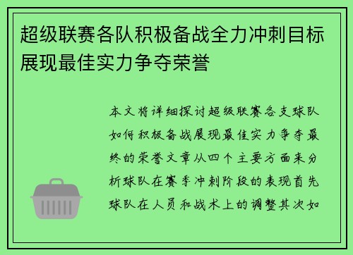 超级联赛各队积极备战全力冲刺目标展现最佳实力争夺荣誉
