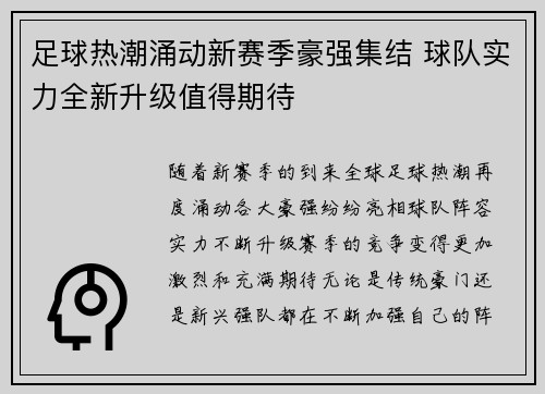足球热潮涌动新赛季豪强集结 球队实力全新升级值得期待