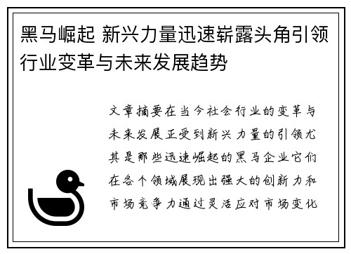 黑马崛起 新兴力量迅速崭露头角引领行业变革与未来发展趋势