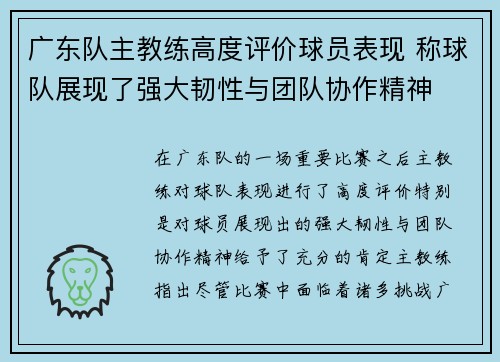 广东队主教练高度评价球员表现 称球队展现了强大韧性与团队协作精神
